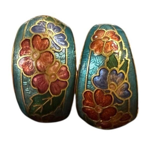 Vintage Floral Cloisonné Earring Retro 1980s - Picture 4 of 4